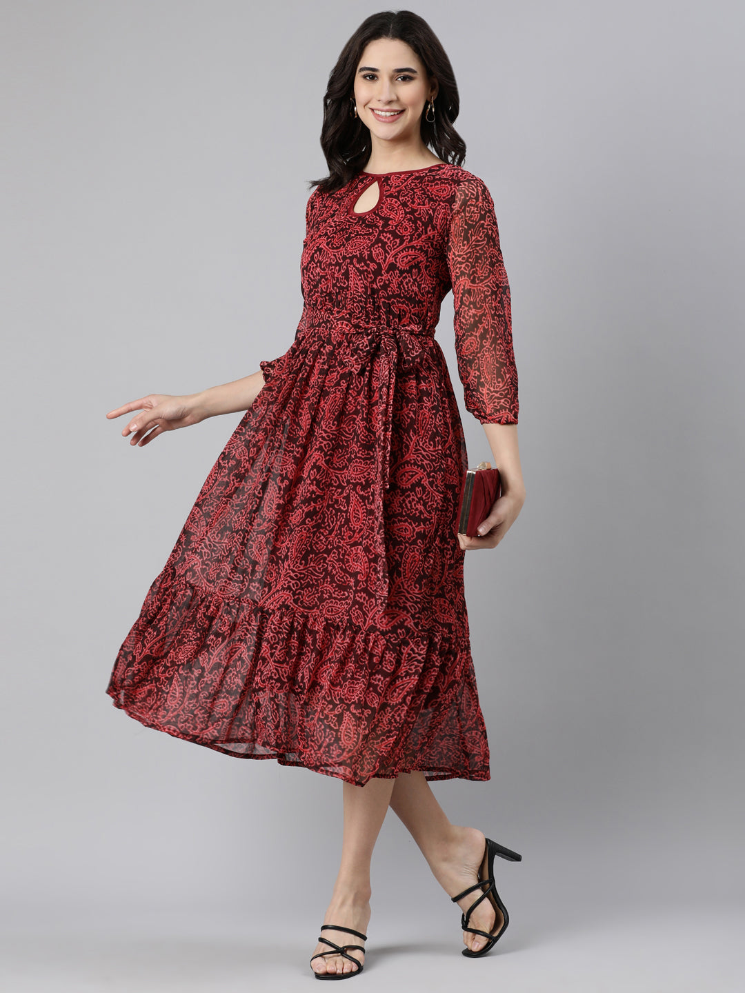 Women Maroon Floral Chiffon Dress