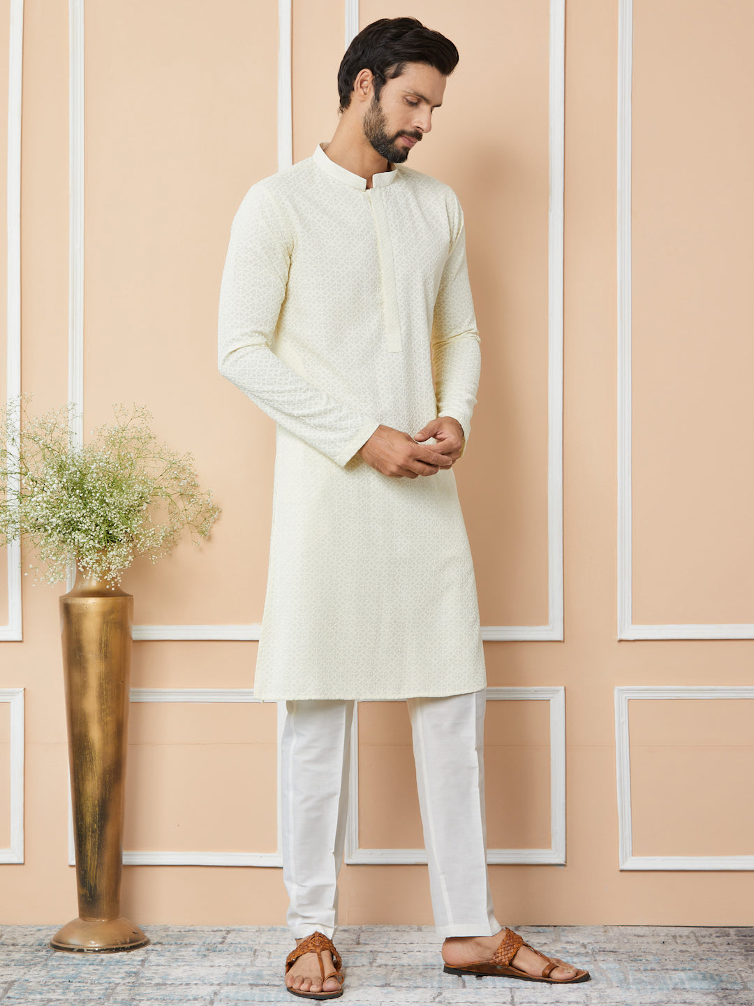 Men Cream Embroidered Chikankari Rayon Straight Kurta