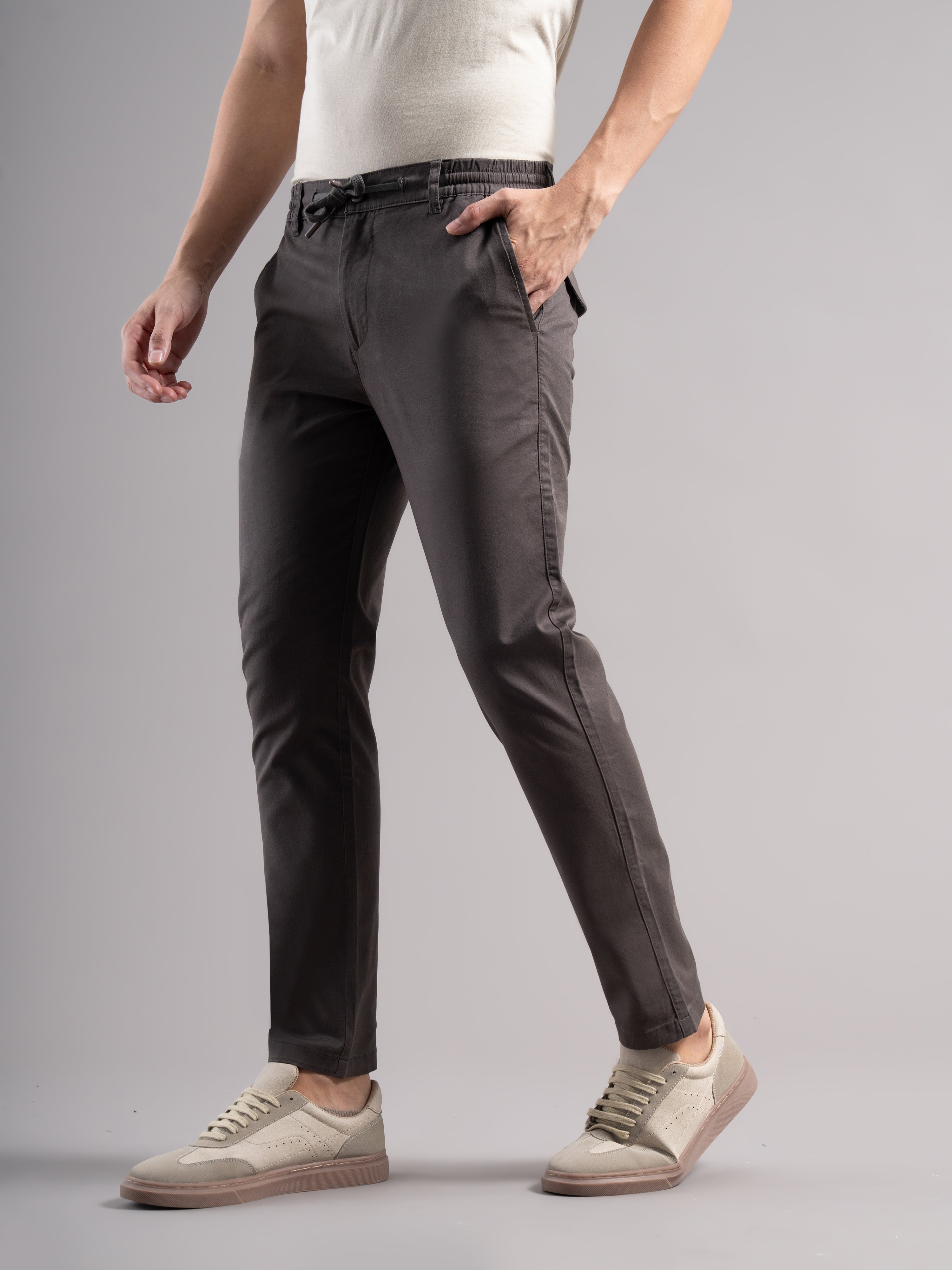 Men Grey Elastic Drawstring Trousers