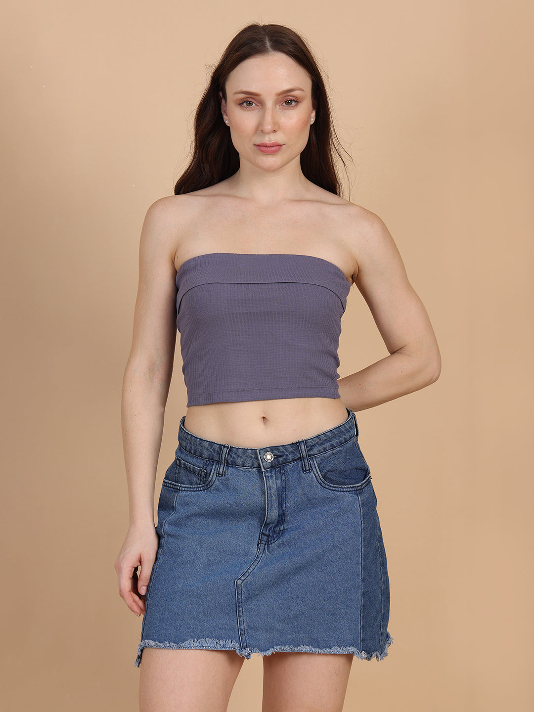 Women Blue Over Fold Tube Top