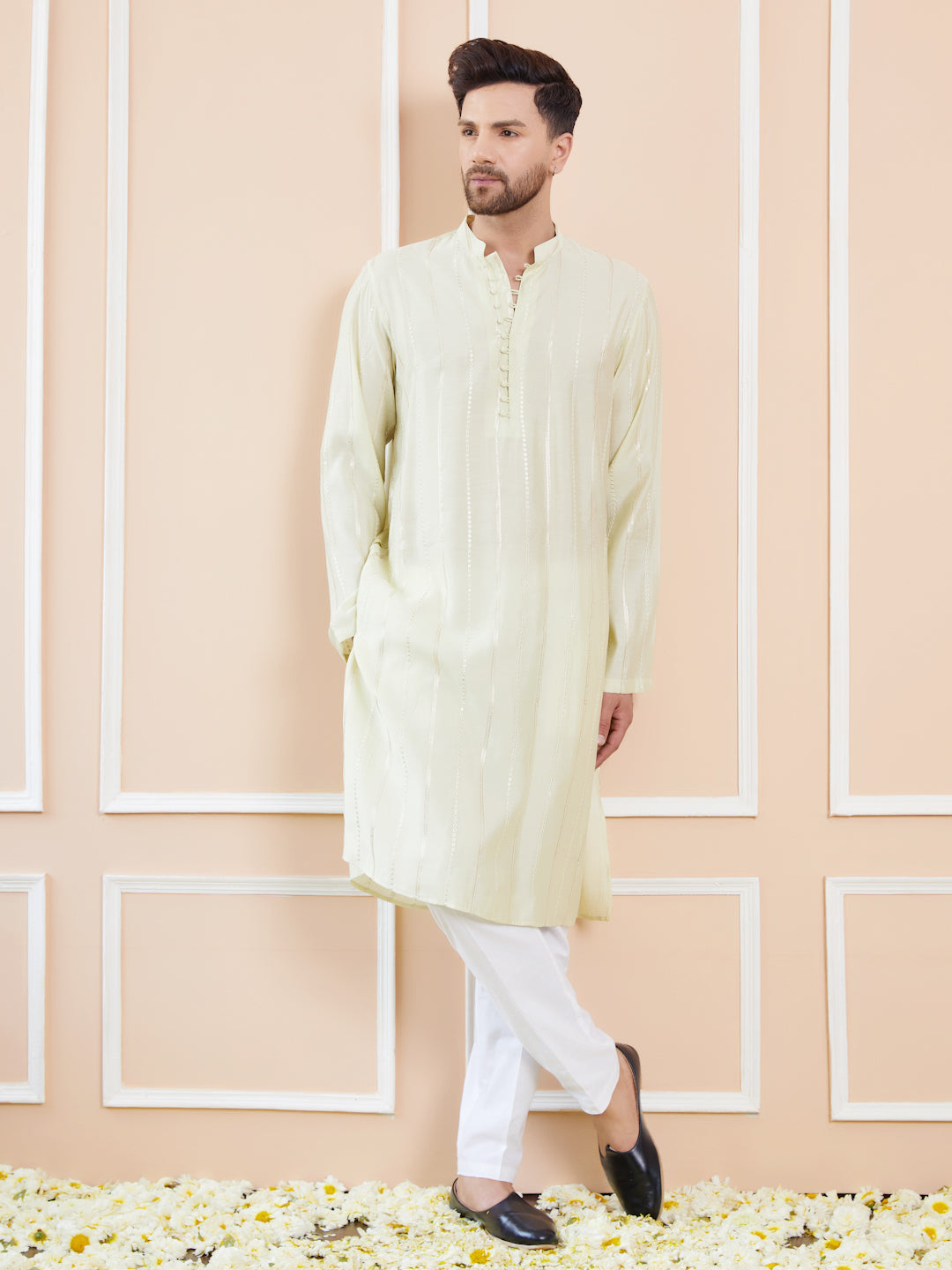 Men Cream And Gold Chanderi Silk Sequins Kurta