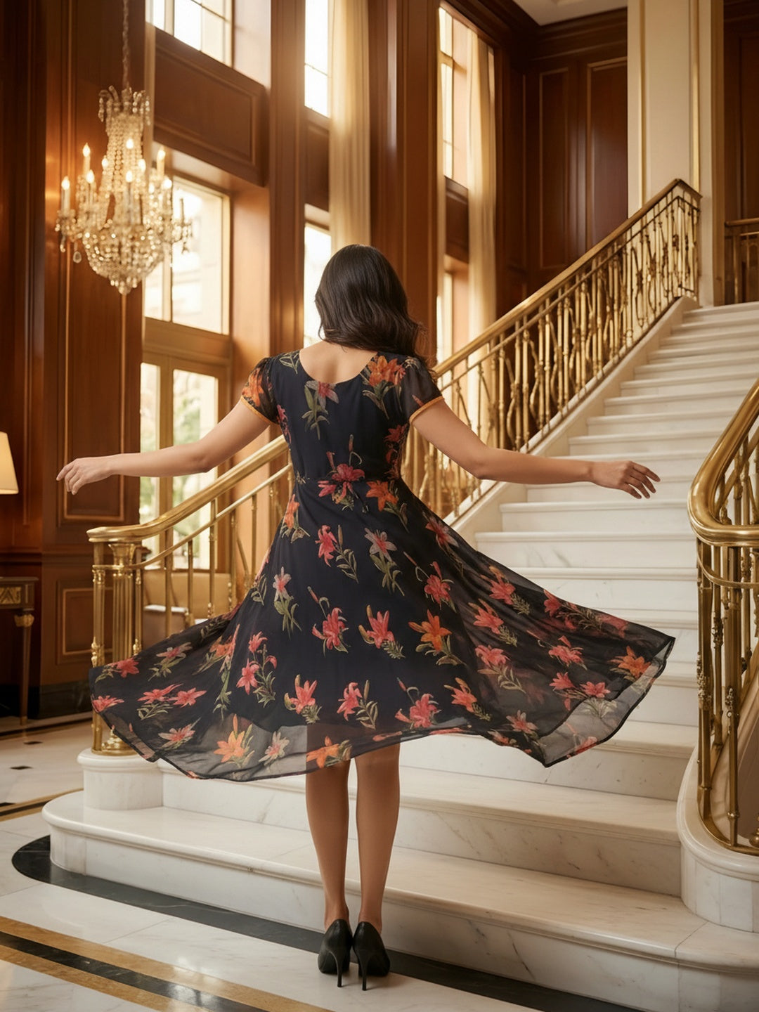 Women Black Floral Chiffon Dress