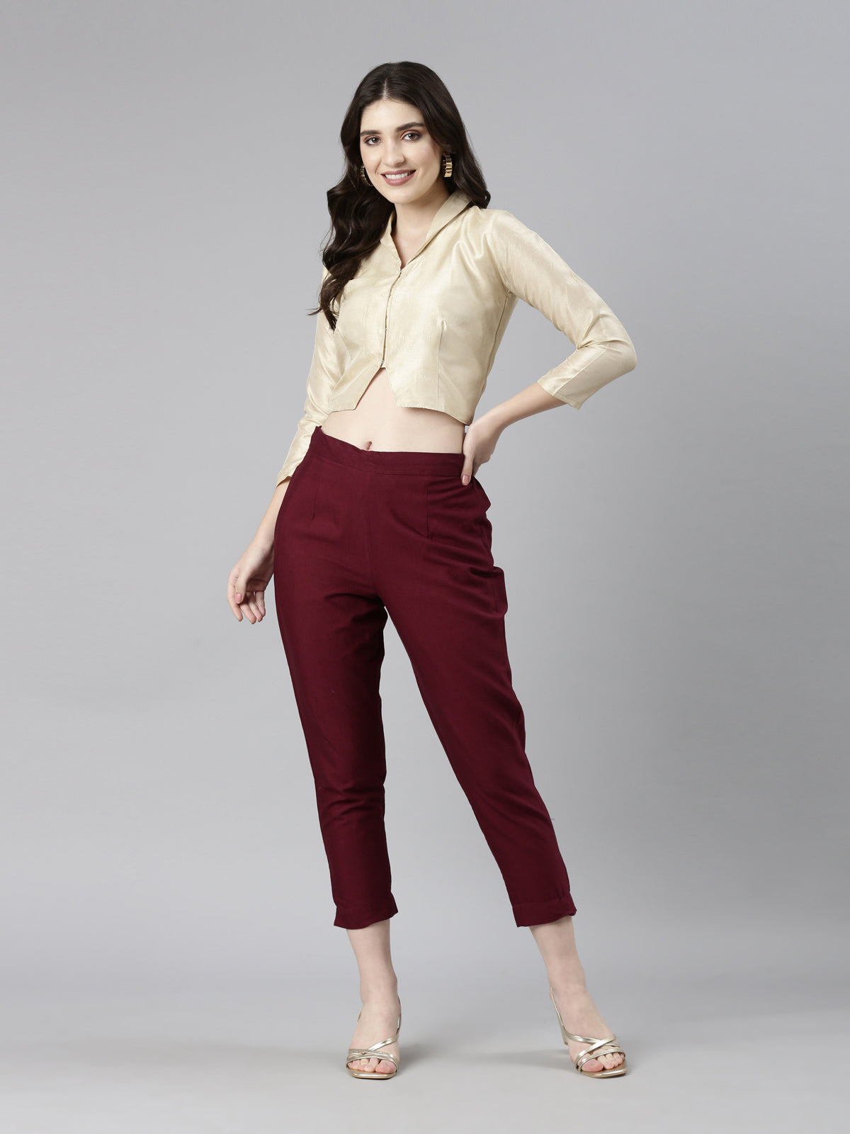 Beige Solid Three-Quarter Sleeves Mandarin Collar Dupion Silk Knot Blouse