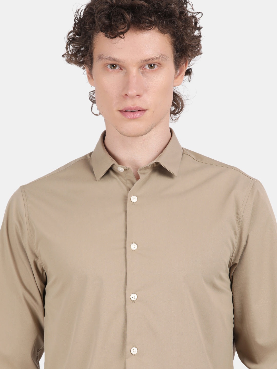 Men Khaki Slim Fit Spread Collar Full Sleeve Casual Shirt