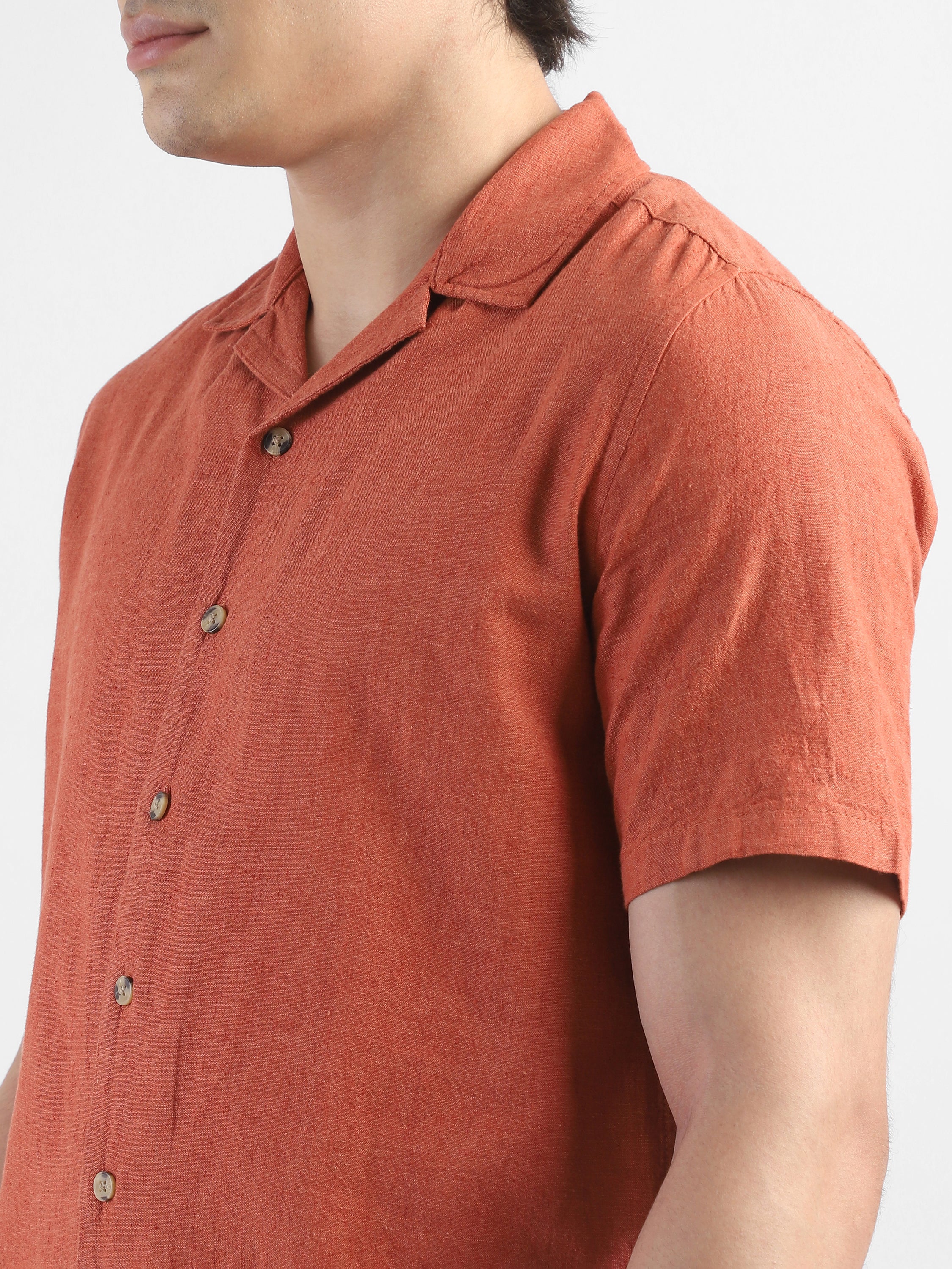 Men Orange Spread Collar Cotton Blend Shirt