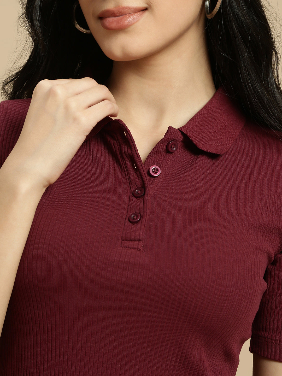 Women Burgundy Half Sleeve Dress