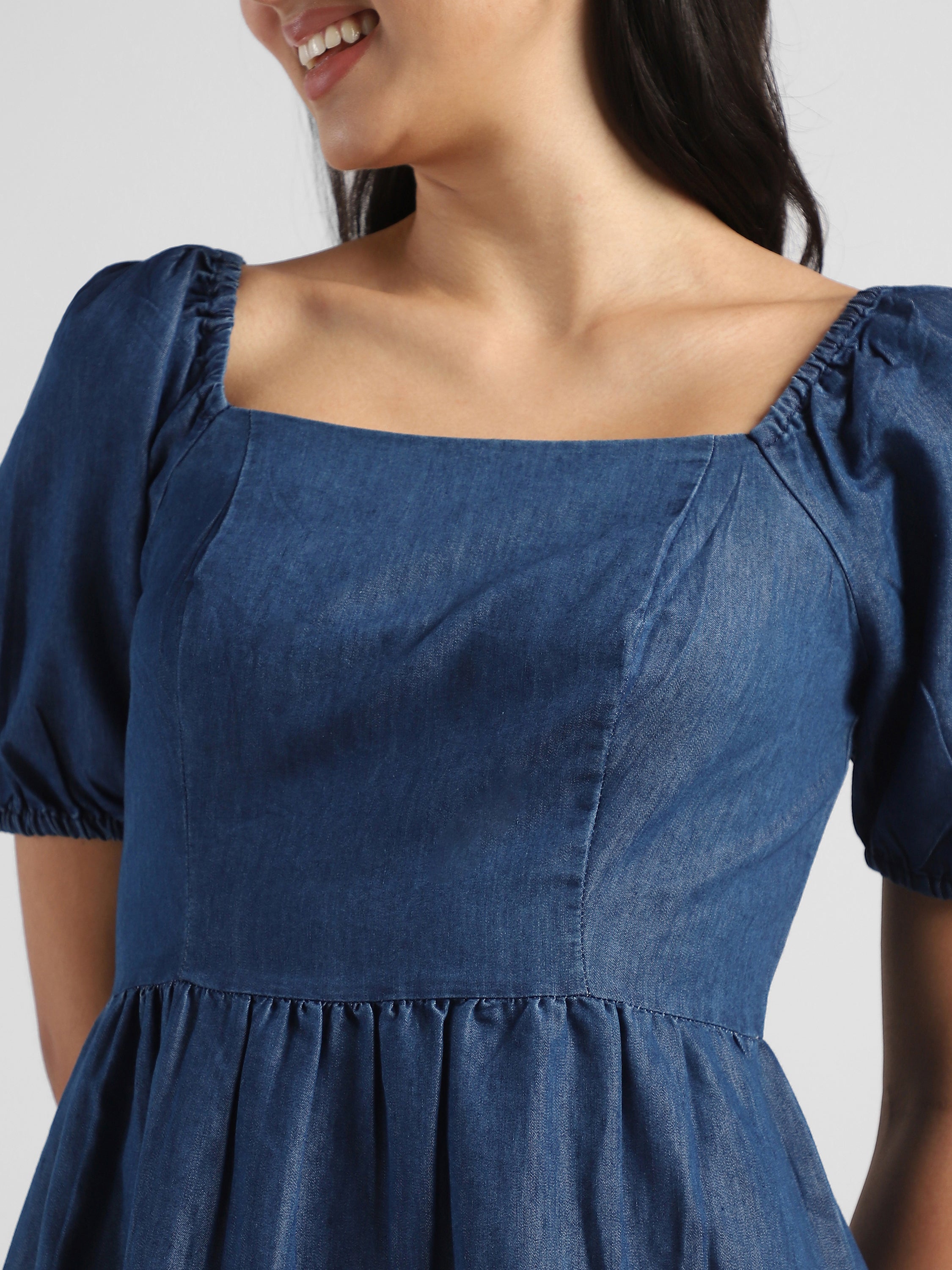 Women Blue Tier Denim Fit & Flare Dress