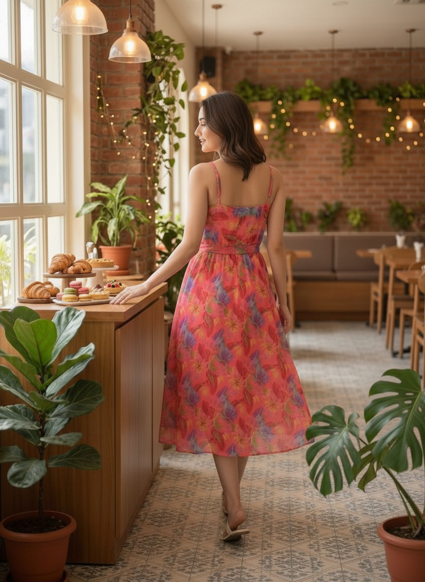 Women Floral Chiffon Midi Dress