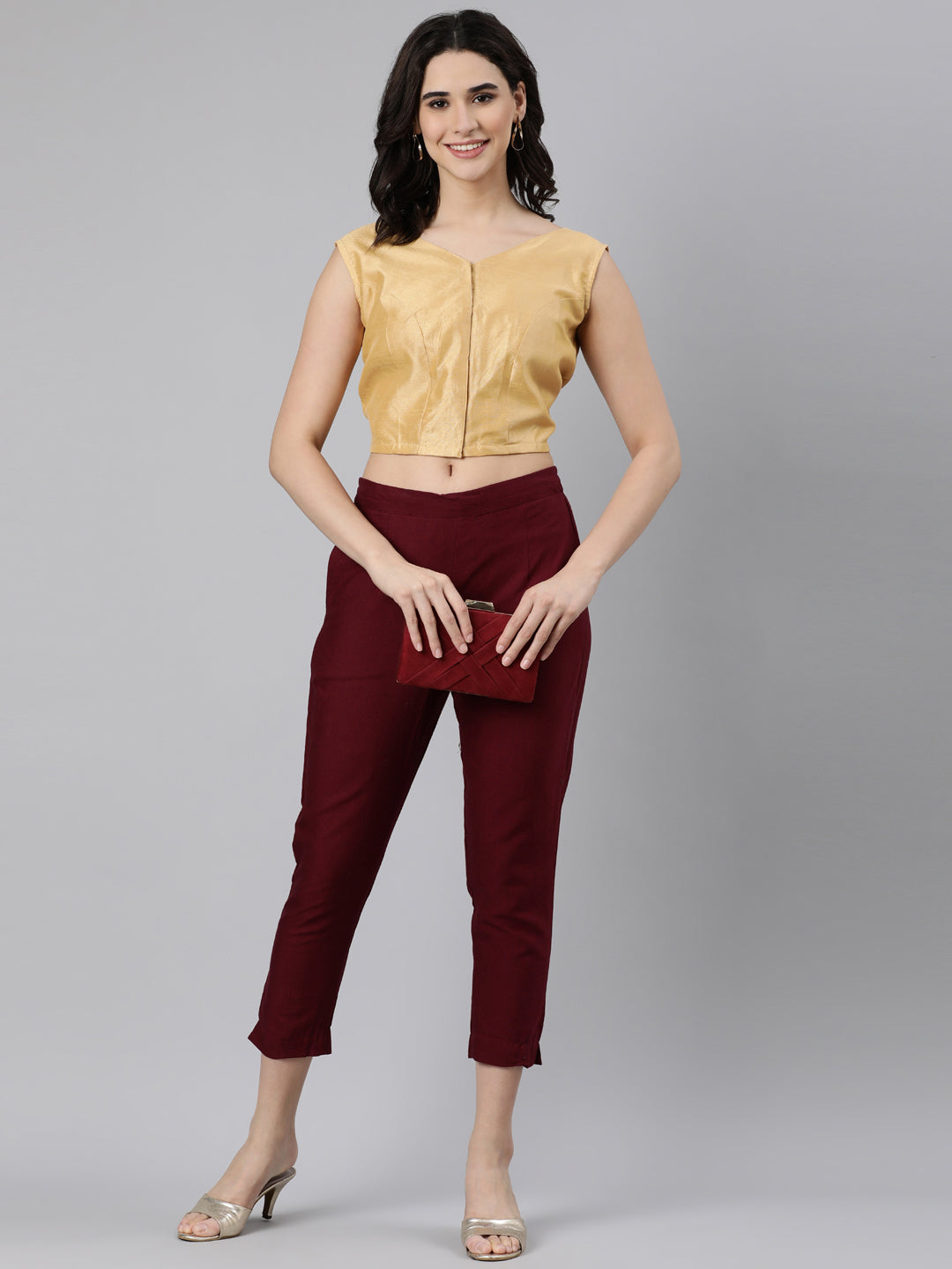 Beige Solid Sleeveless V-Neck Dupion Silk Knot Blouse