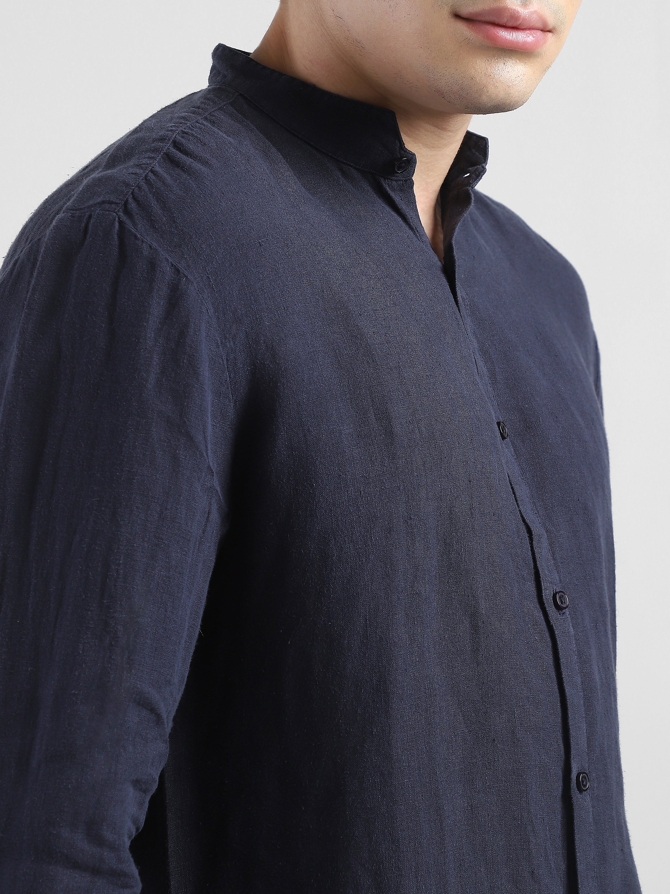 Men 100% Linen Navy Regular Fit  Shirt