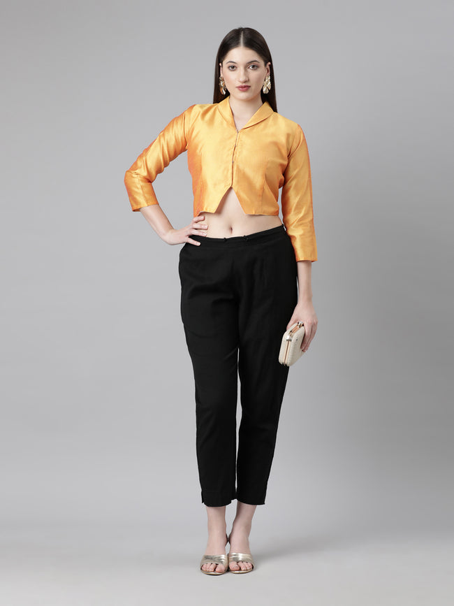 Mustard Solid Three-Quarter Sleeves Mandarin Collar Dupion Silk Knot Blouse