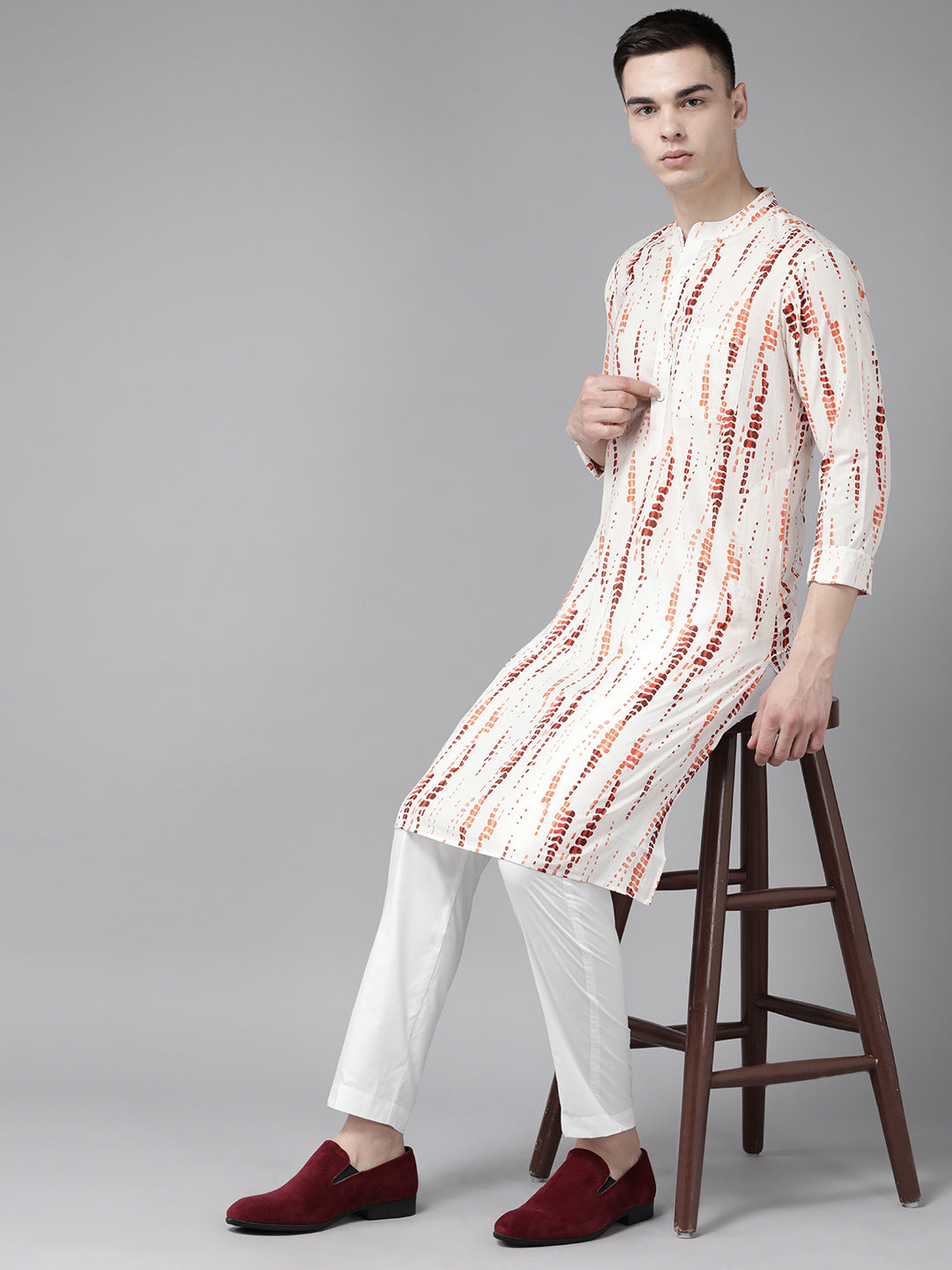 Men White Multi Tie And Dye Print Design Straight Kurta