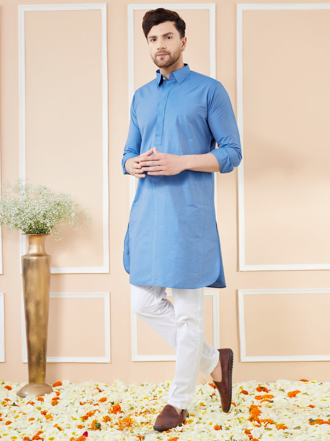 Men Blue Cotton Solid Pathani Kurta