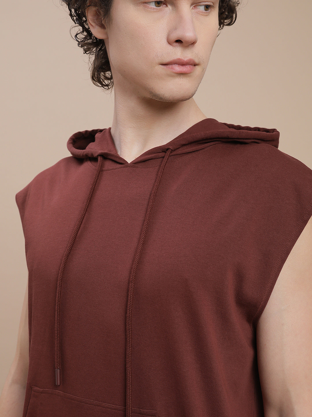 Men Brown Sleeveless Hoodie