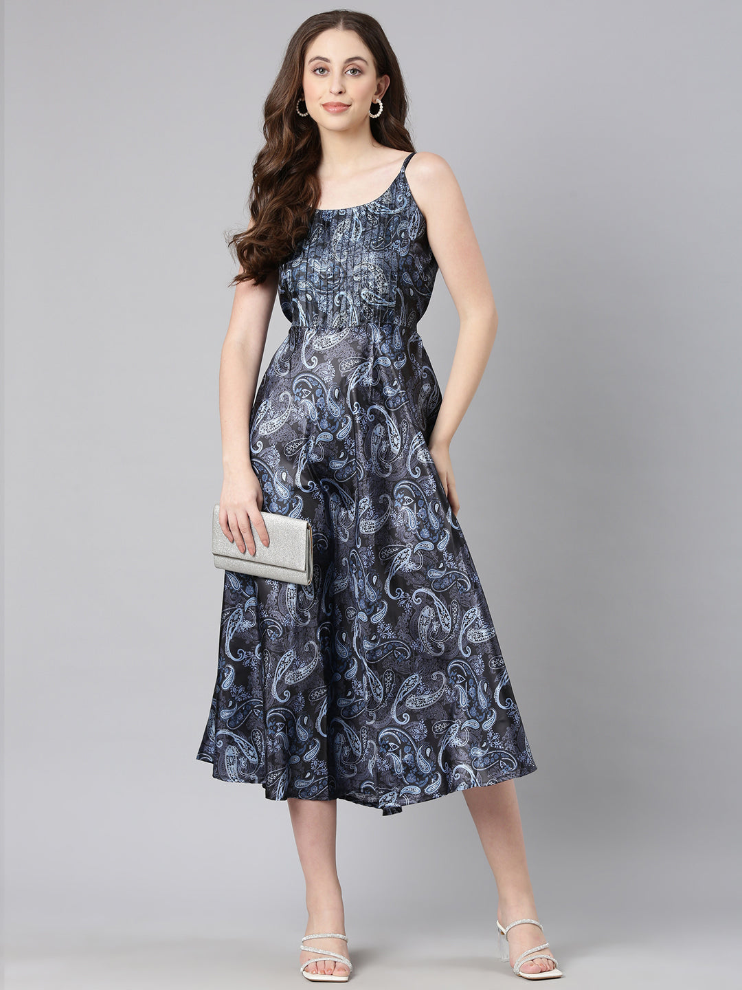 Women Navy Blue Satin Dress
