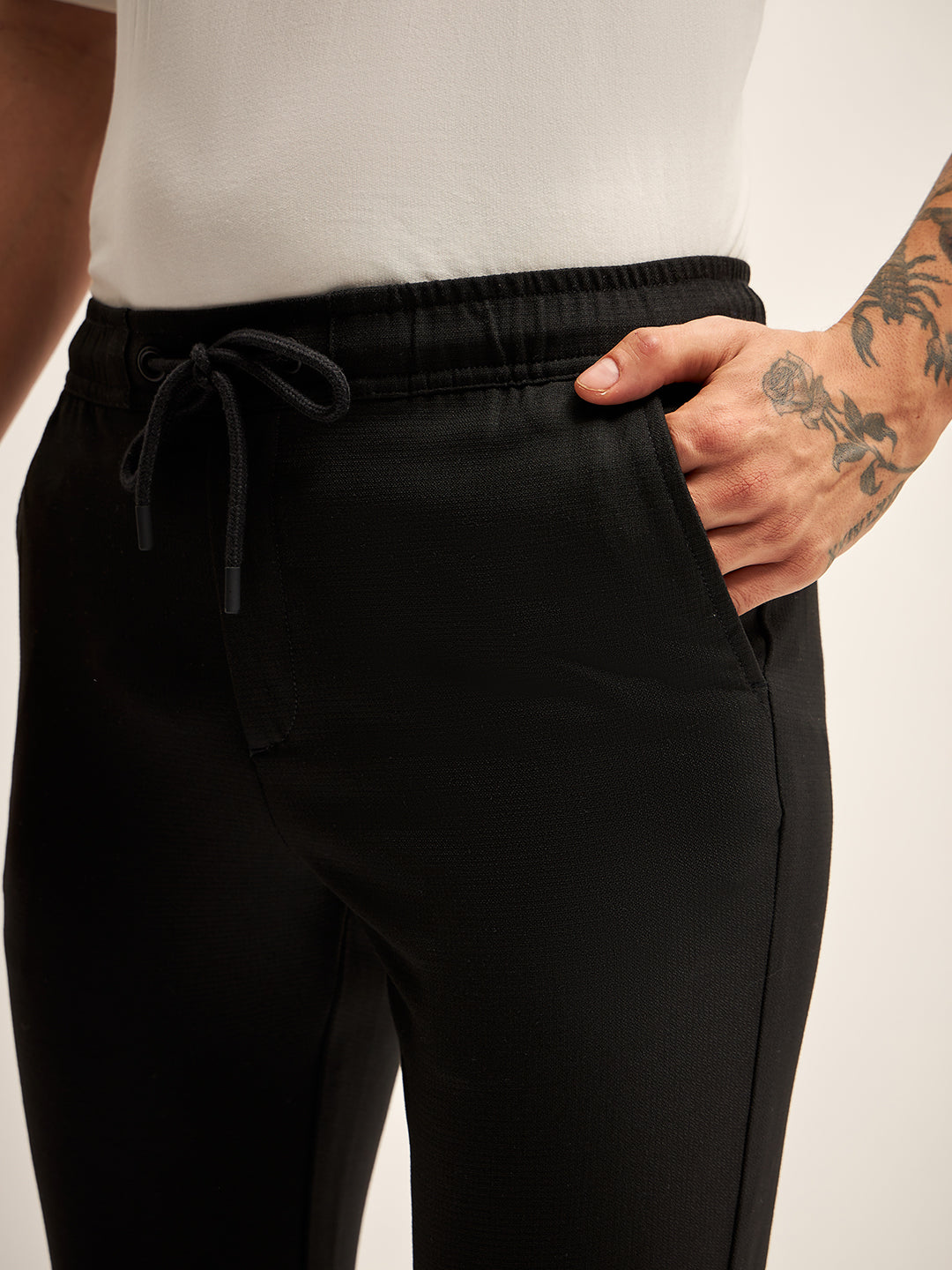 Men Black Solid 4 Way Stretch Formal Trouser