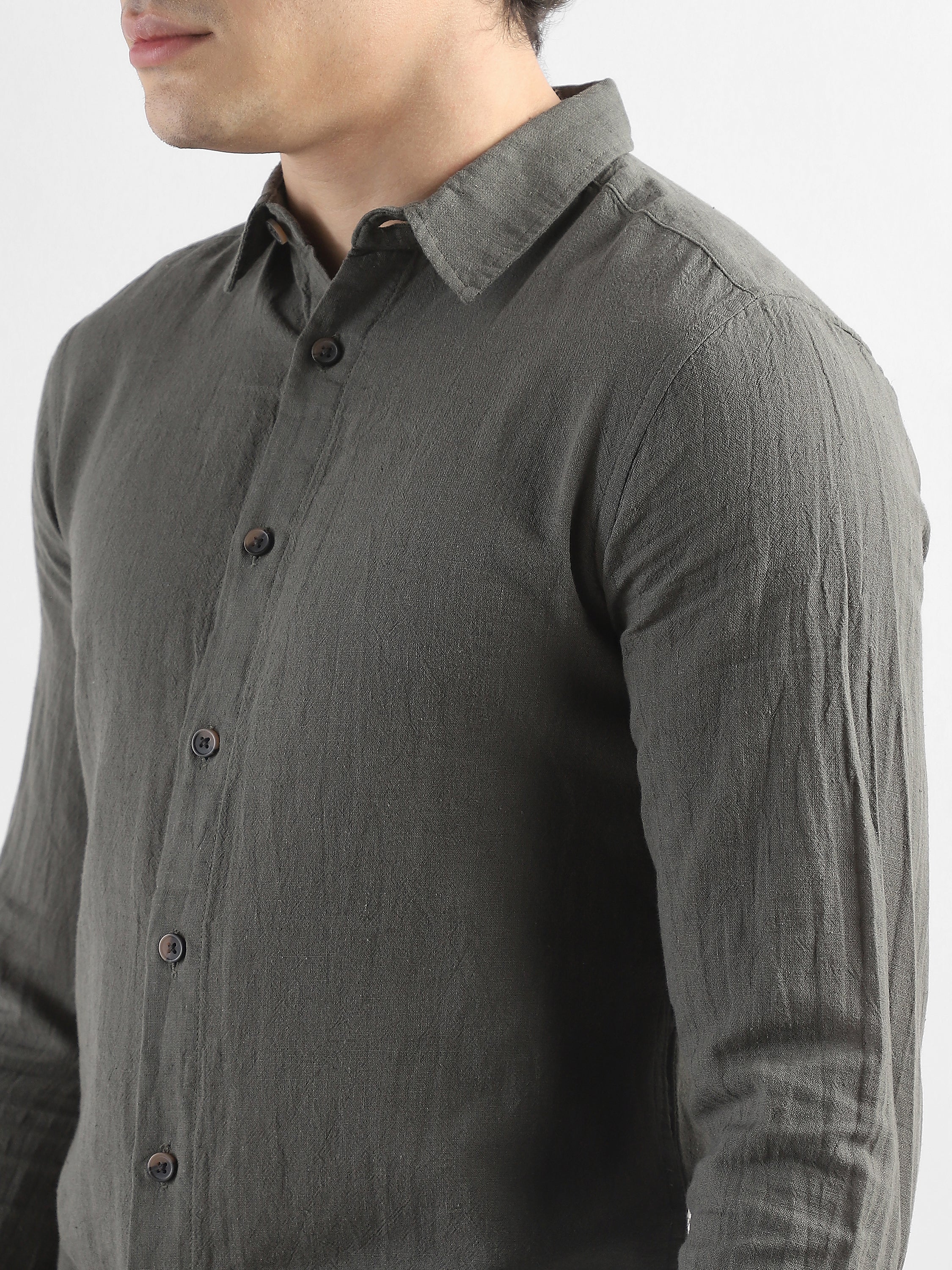 Men Olive Cotton Linen Shirt