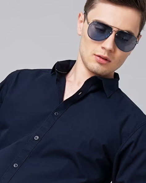 Men Blue Spread Collar Shirt