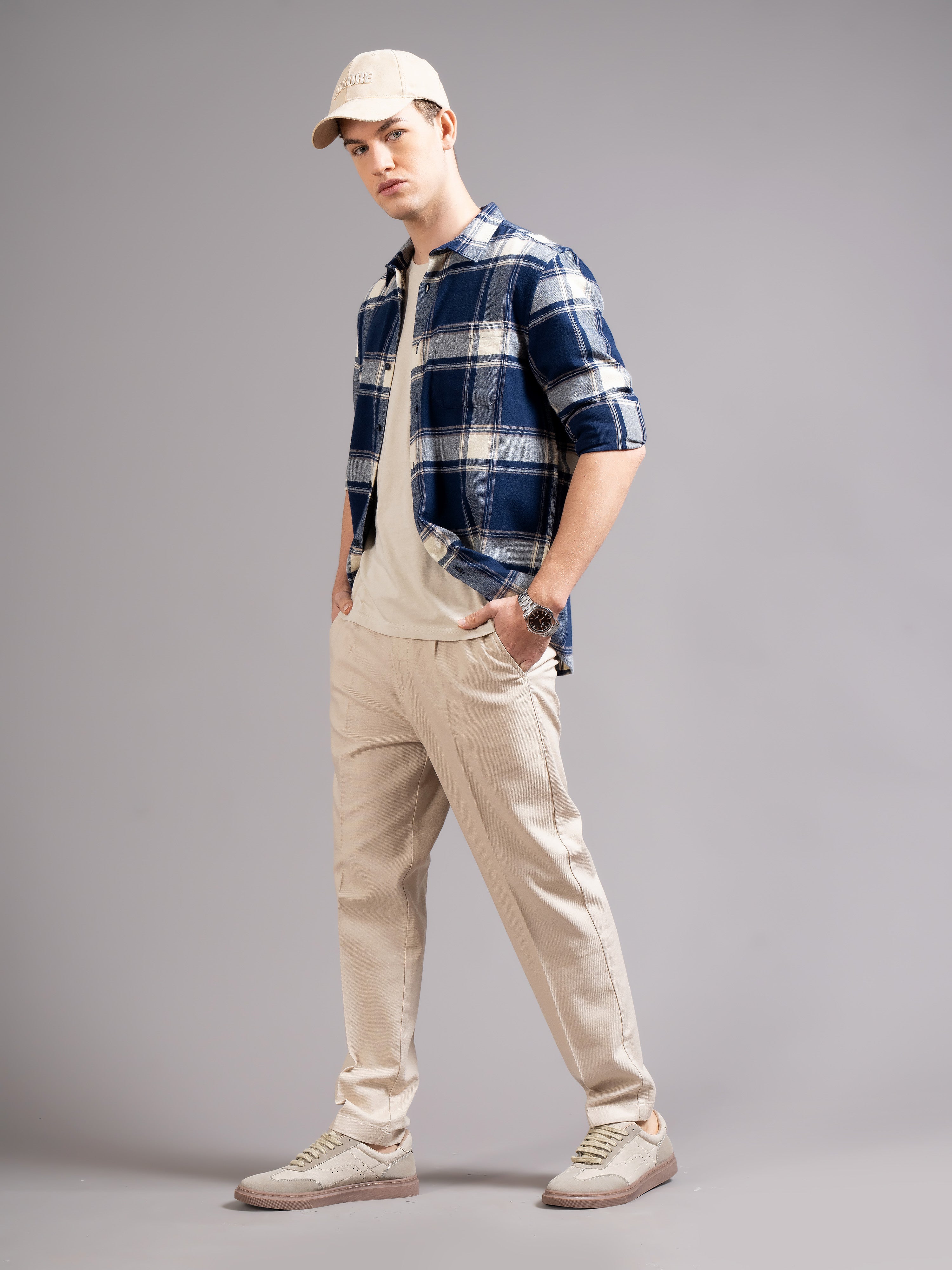 Men Navy Blue Flannel Checked Shirt
