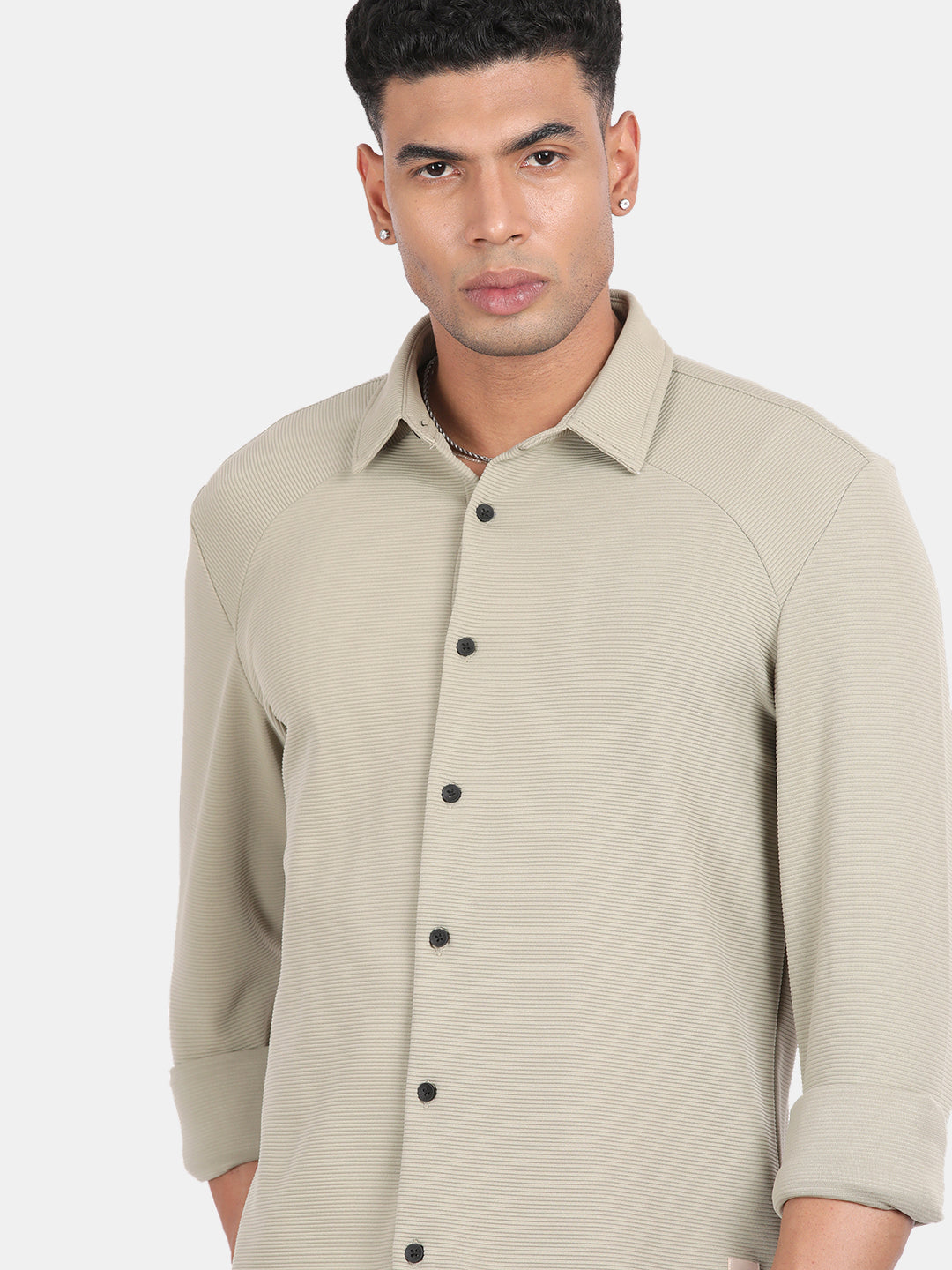 Men Light Cream Slim Fit Spread Collar Full Sleeve Casual Shirt