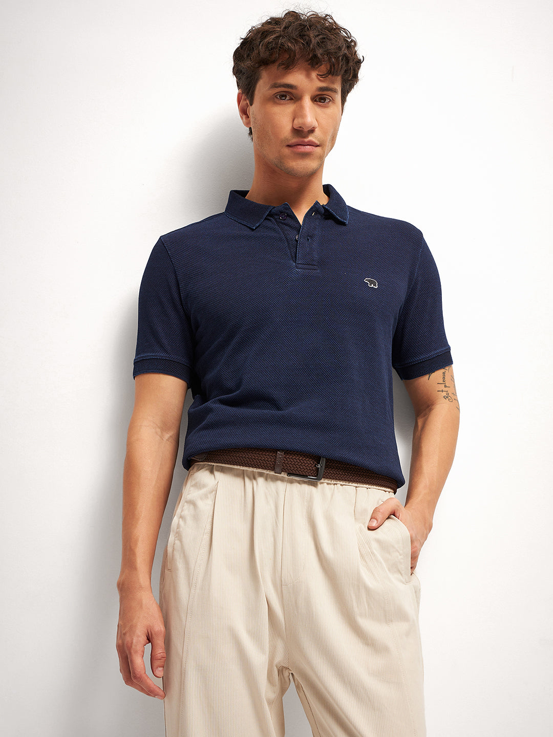 Men Blue Self Design Regular Fit Polo Collar T-shirt