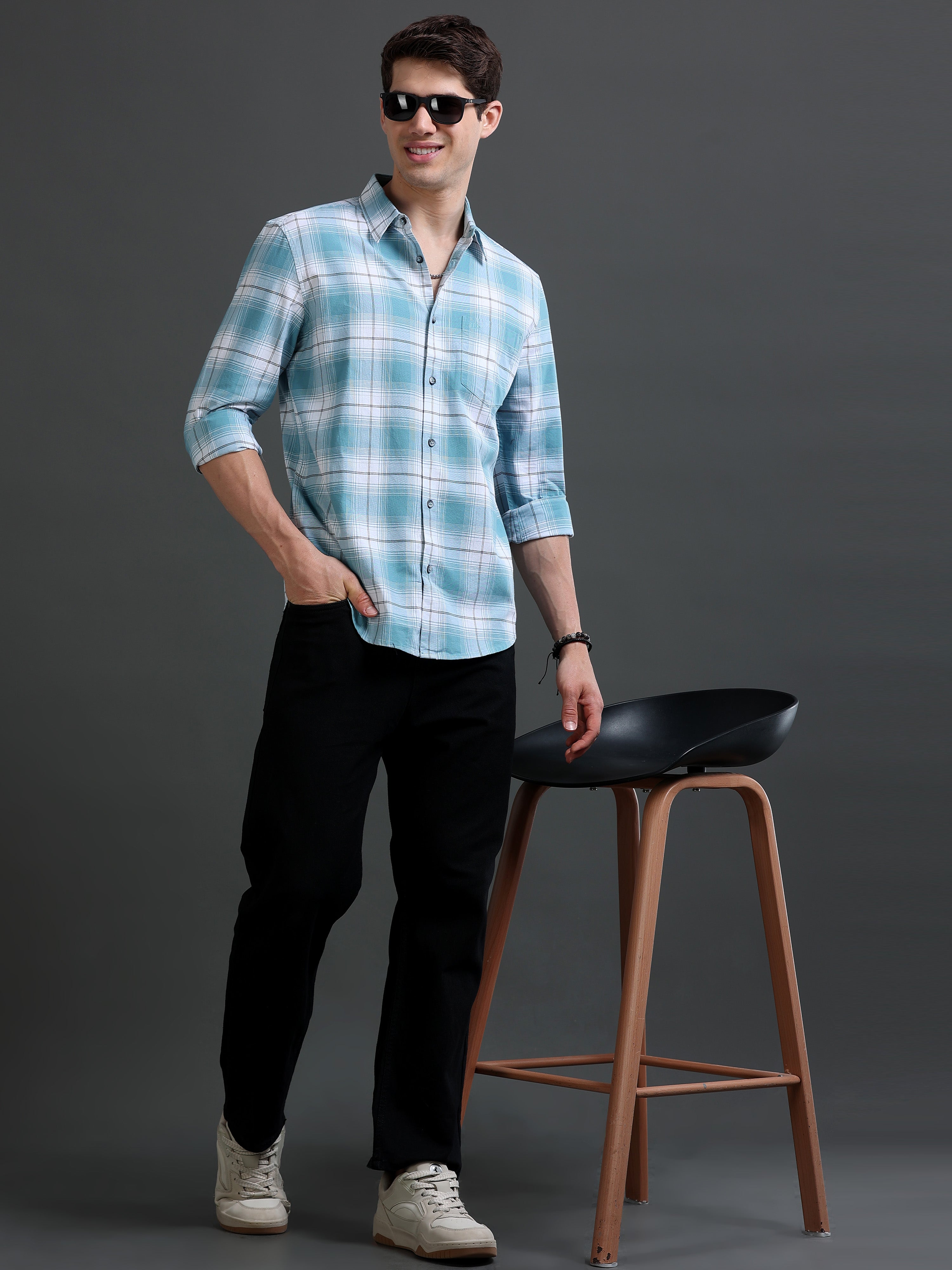 Men Blue Checked Cotton Shirt