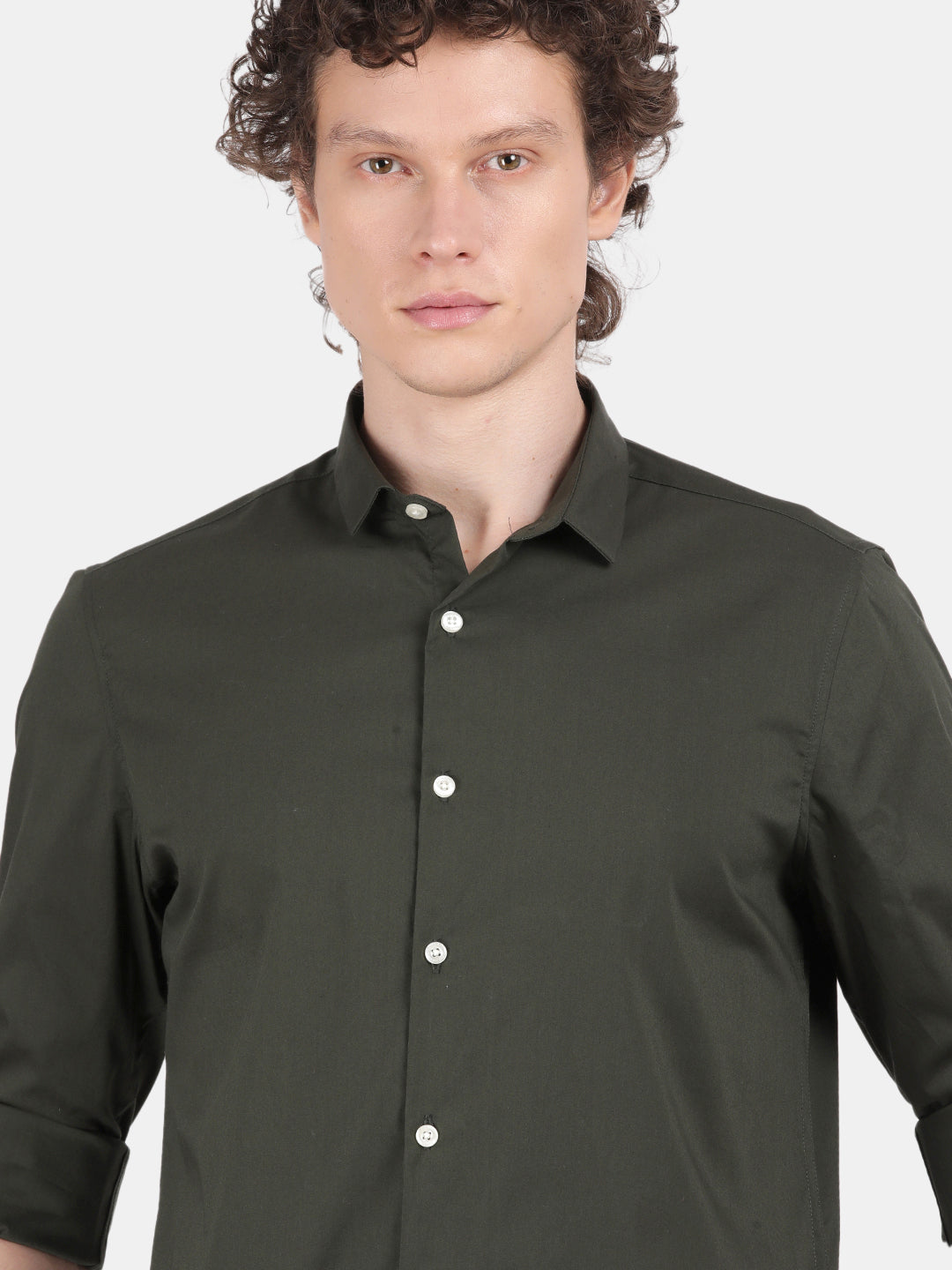 Men Dark Green Slim Fit Spread Collar Full Sleeve Casual Shirt