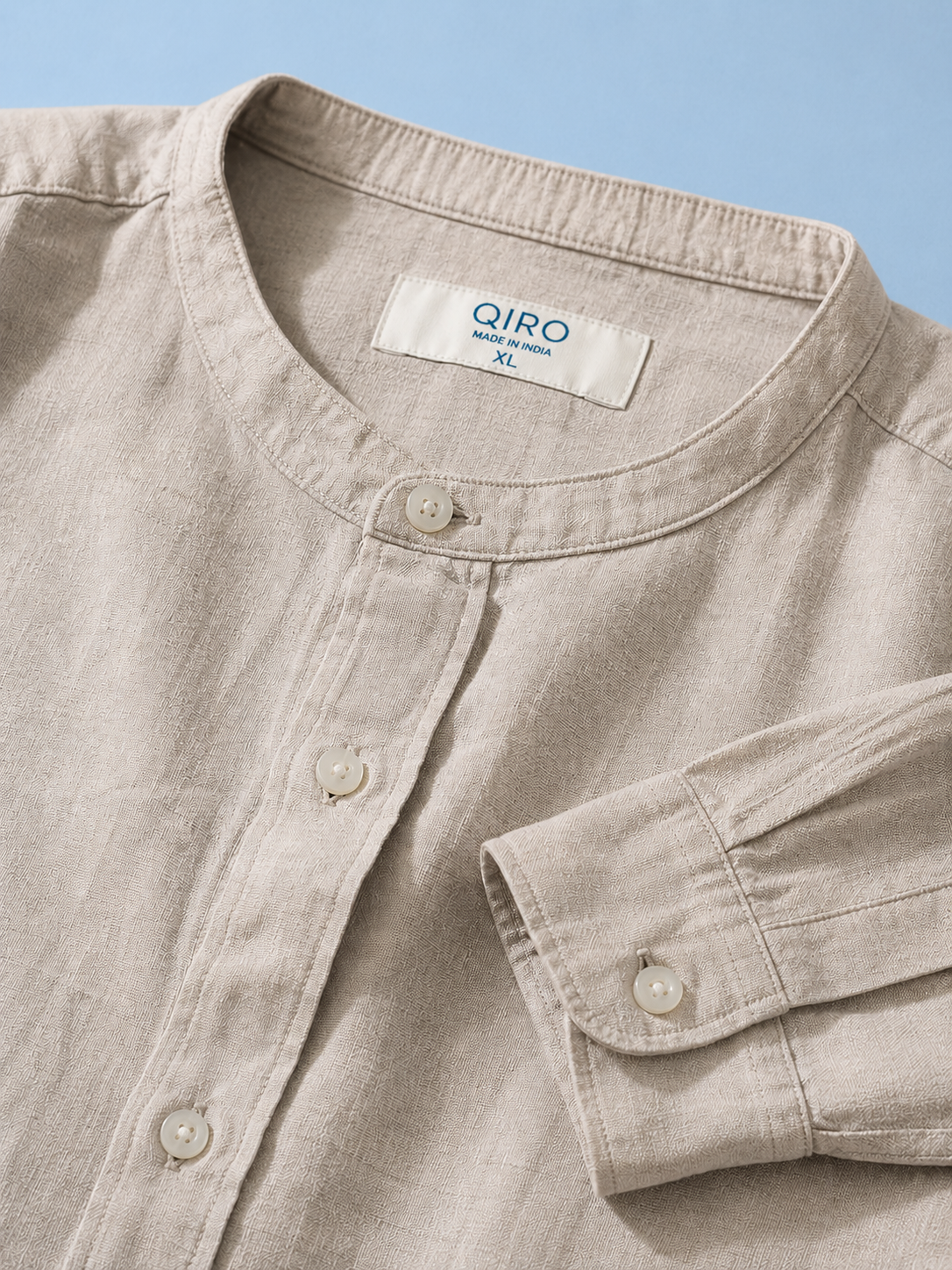 Men Beige Linen Band Collar Shirt