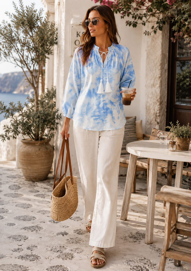 Women Blue Watercolor Print Tie Up Neck Top