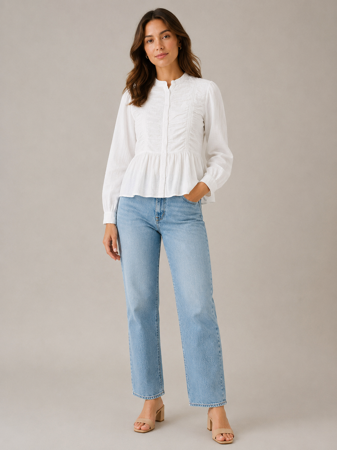 Women White Ruffle Front Peplum Top