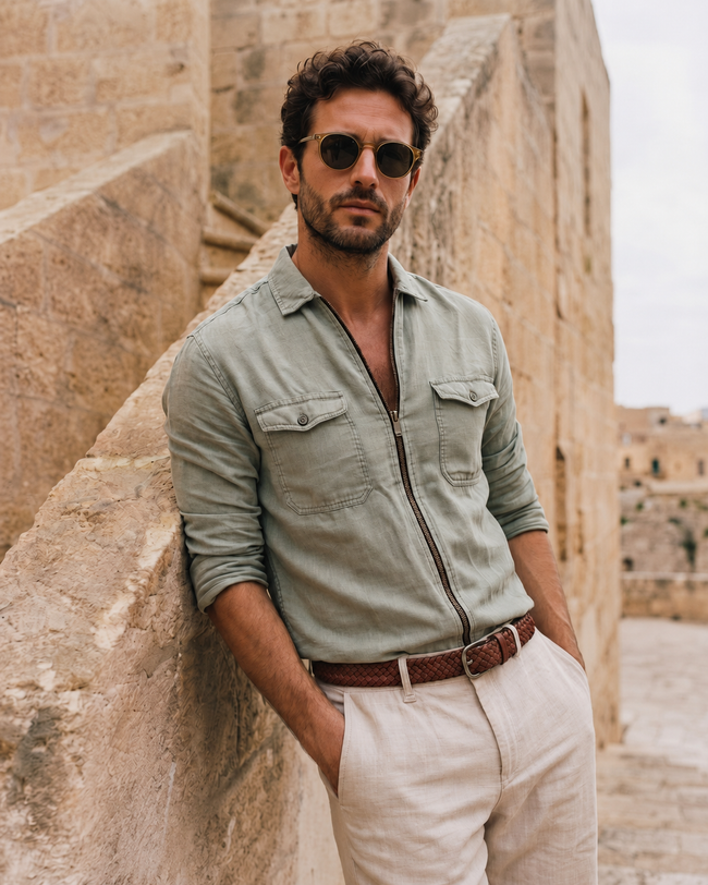 Men Linen Olive Regular Shacket