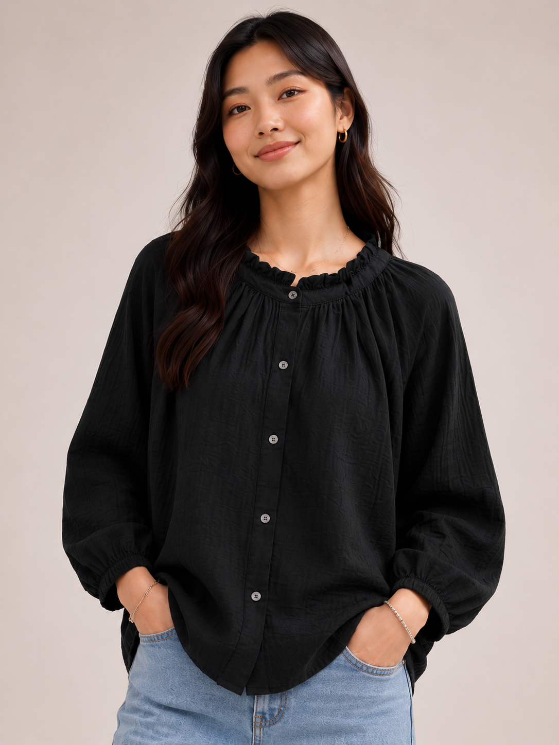 Women Black Ruffle Neck Top