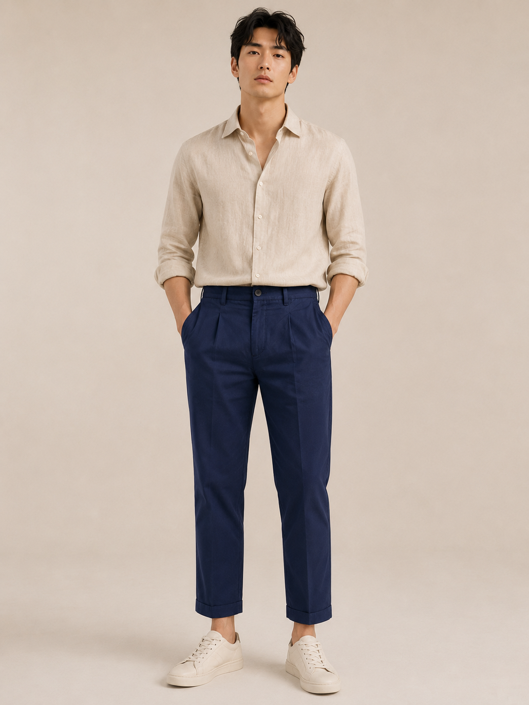 Men Navy Pleated Tailored Trousers
