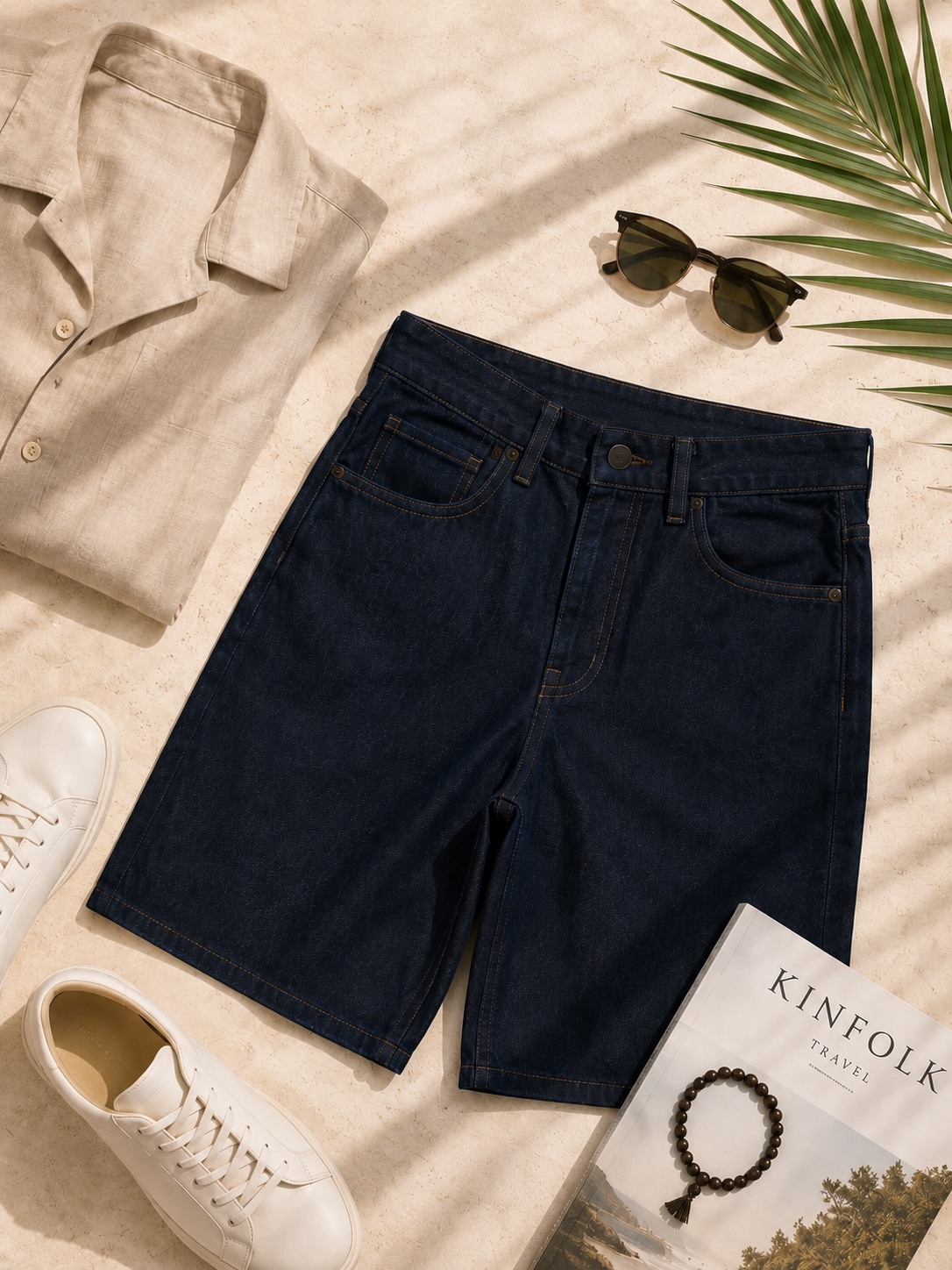 Men Navy Washed Denim Shorts