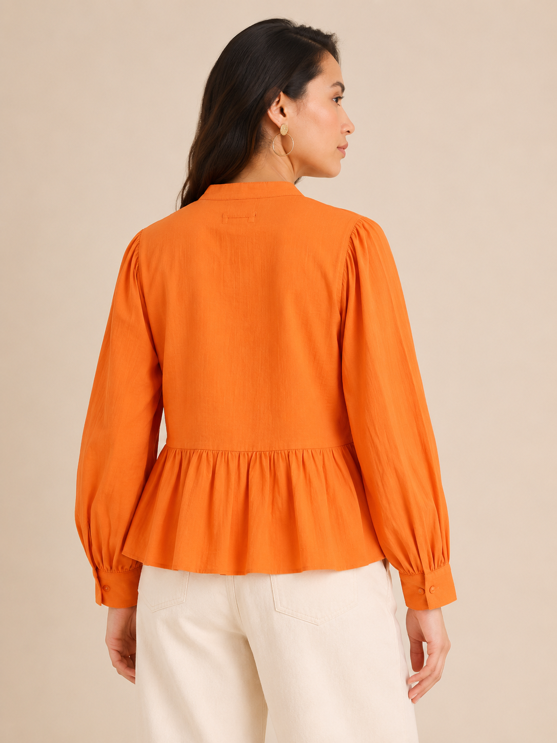 Women Orange Ruffle Front Peplum Top