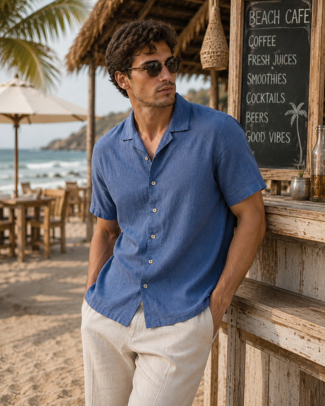 Men Blue Spread Collar Linen Blend Shirt