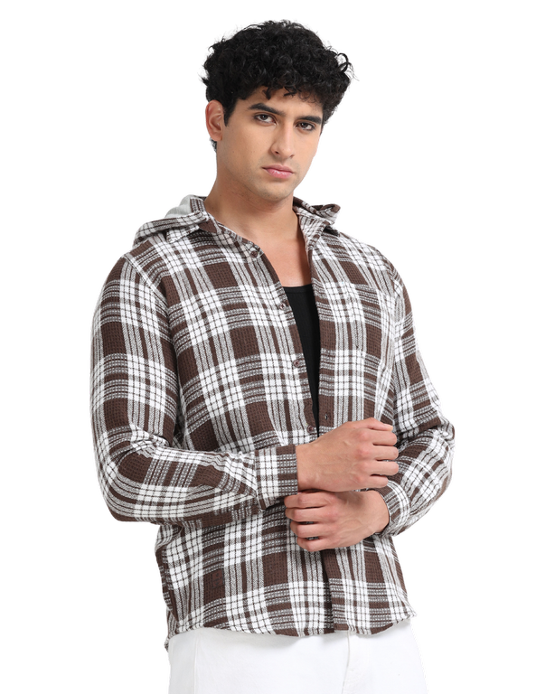 Men Checkered Long Sleeve Hooded Casual Shirt