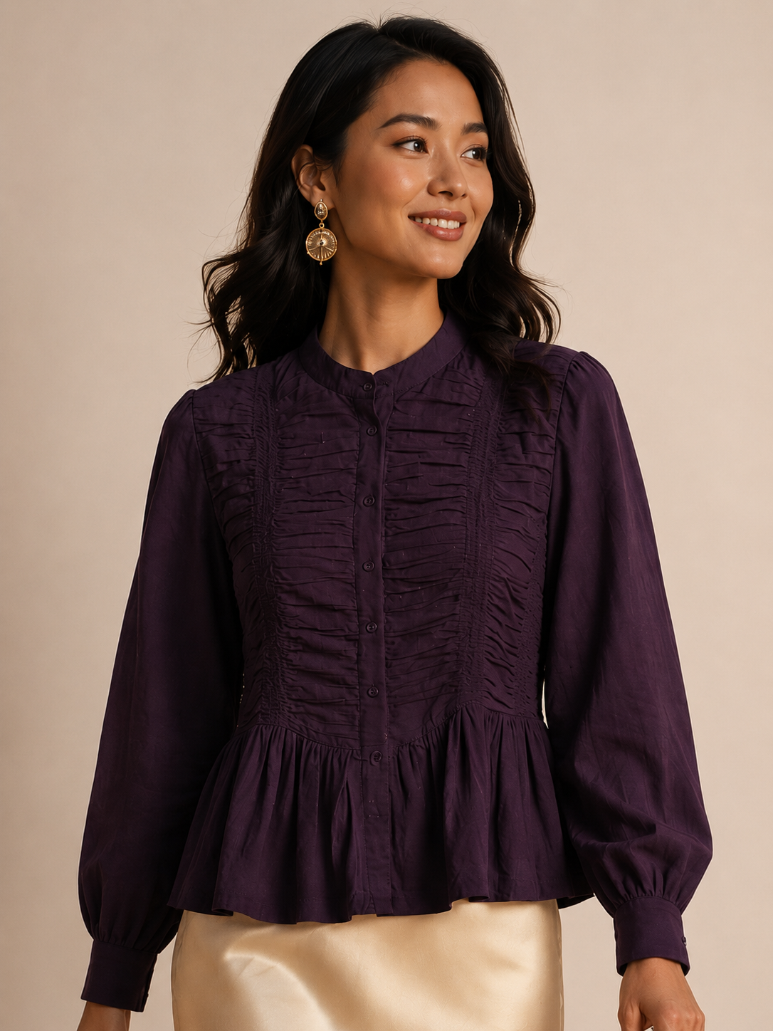 Women Violet Ruffle Front Peplum Top