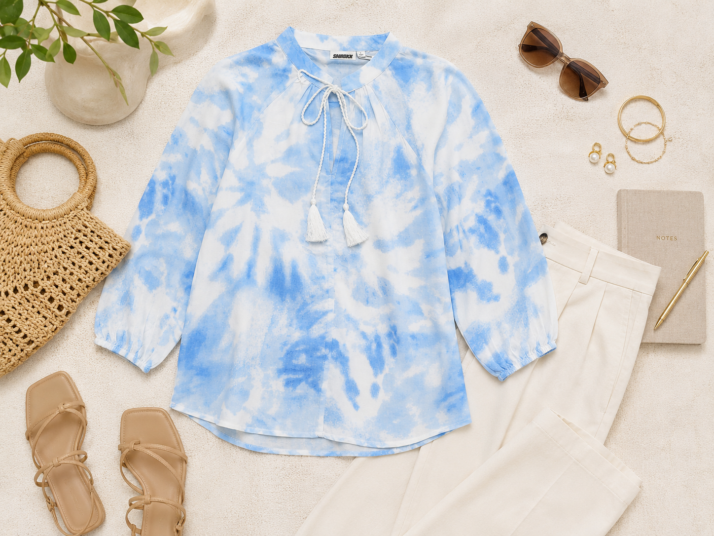 Women Blue Watercolor Print Tie Up Neck Top