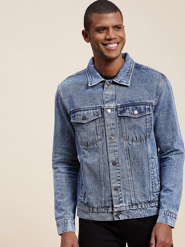 Men Blue Washed Denim Jacket