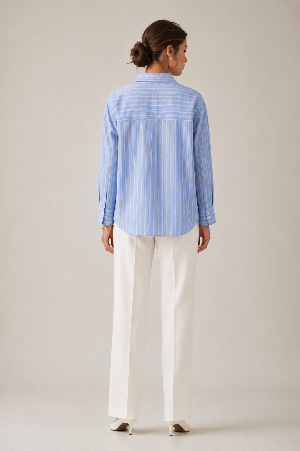 Women Blue Stripe Shirt With Ruffle Detail