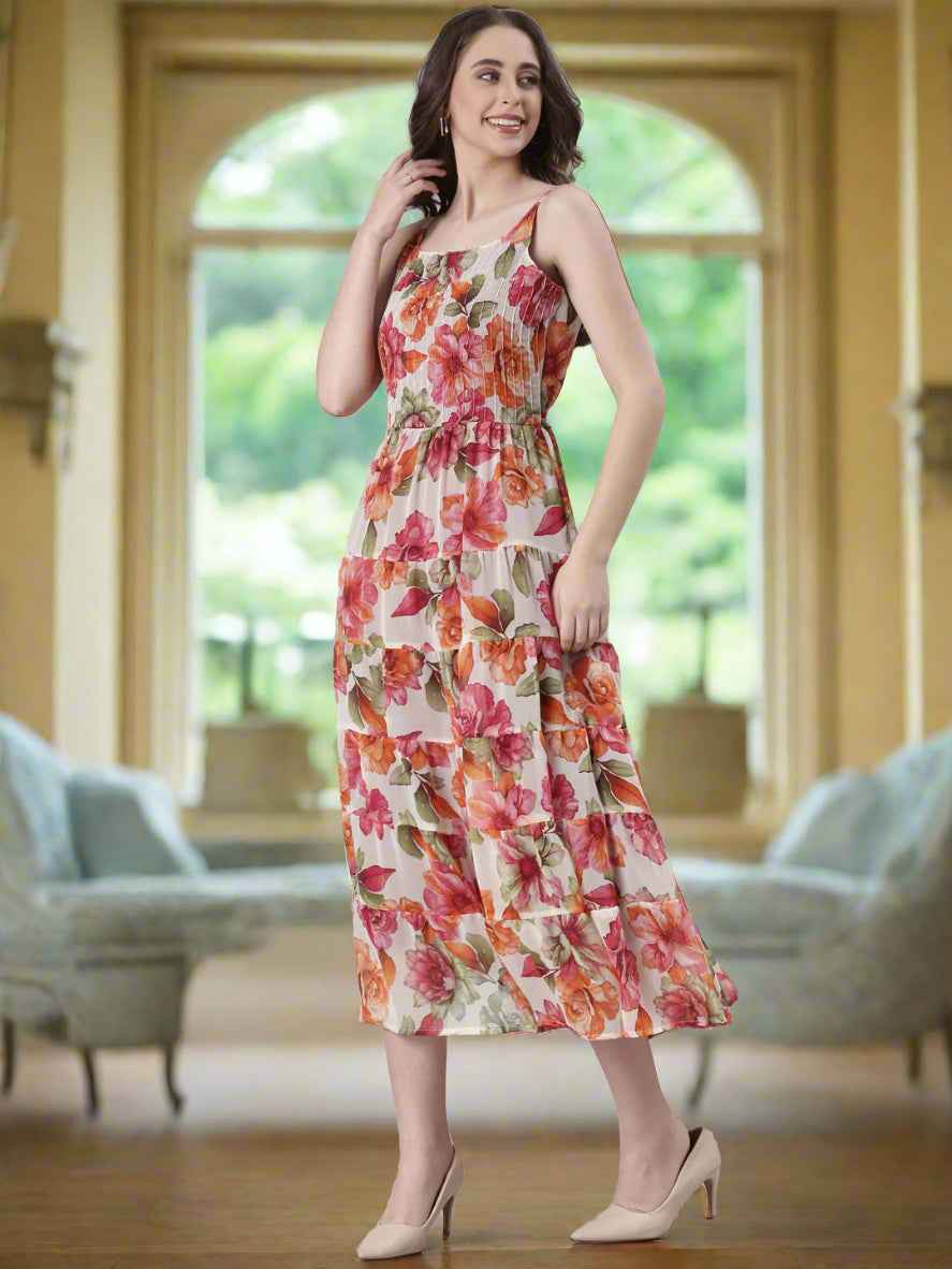 Women Cream Floral Print Tiered Dress