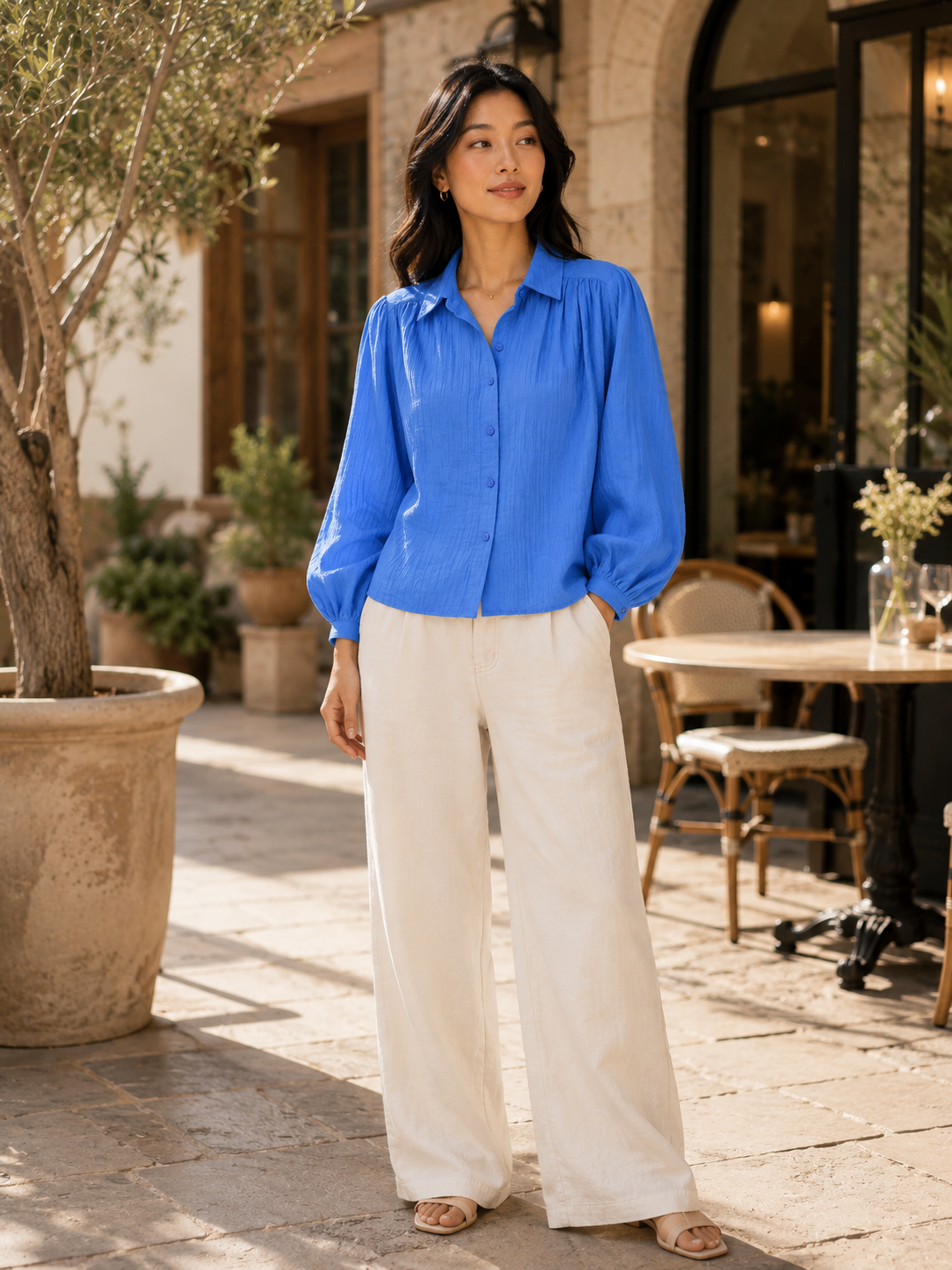 Women Blue Batwing Sleeve Shirt