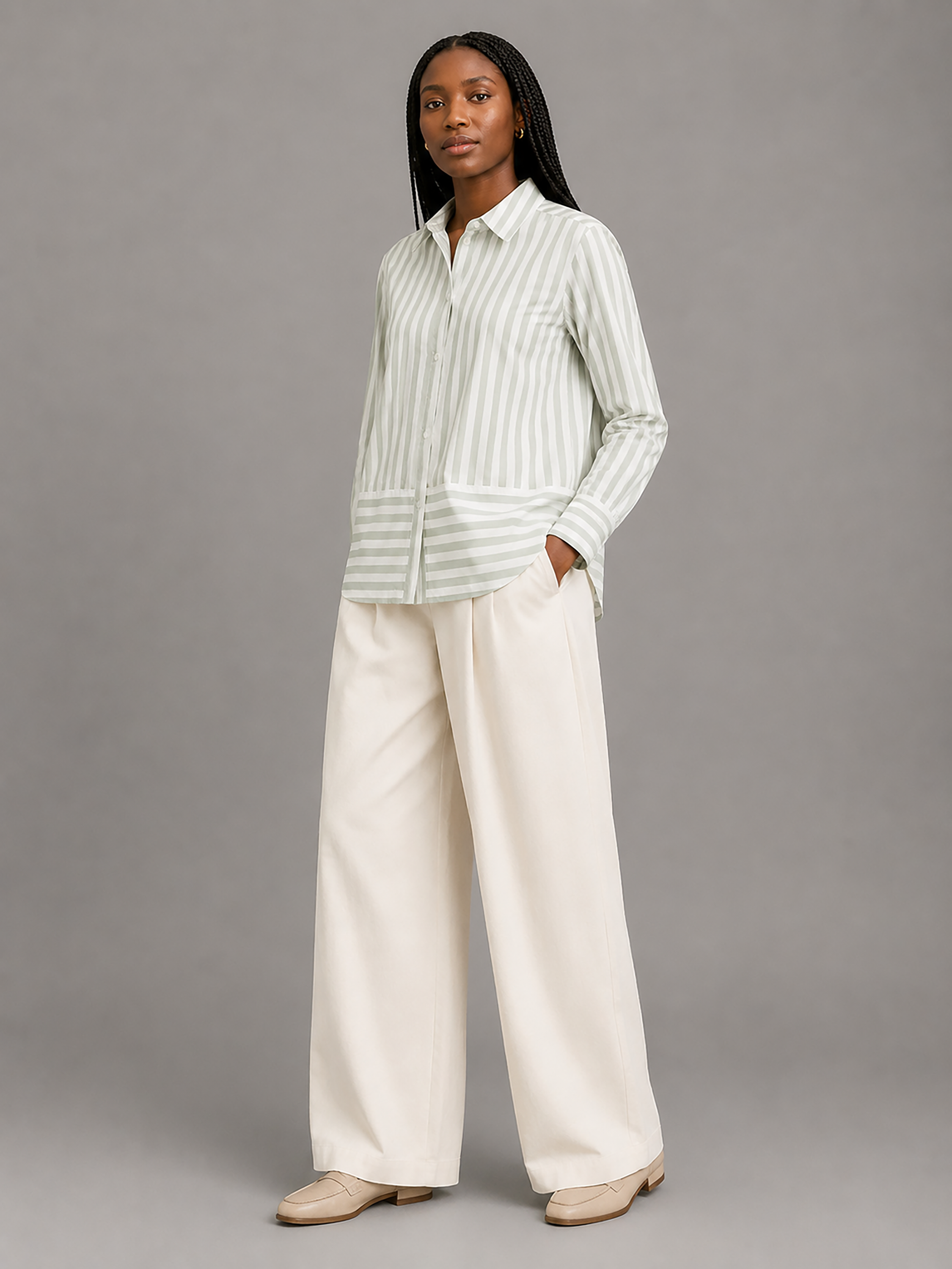 Women Mint Green Stripe Panel Detail Shirt