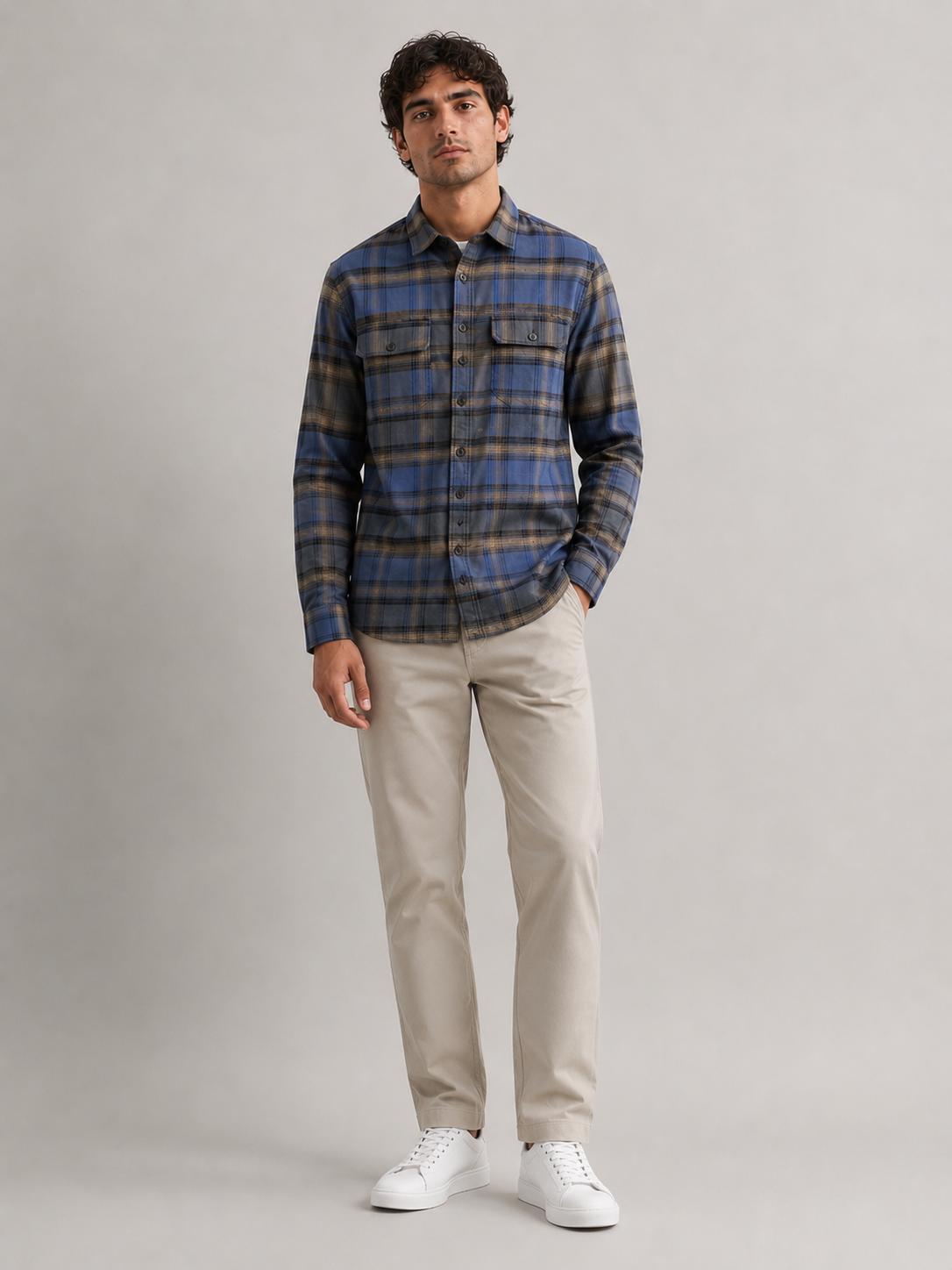 Men Blue Vintage Plaid Shirt