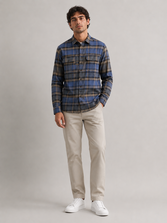 Men Blue Vintage Plaid Shirt