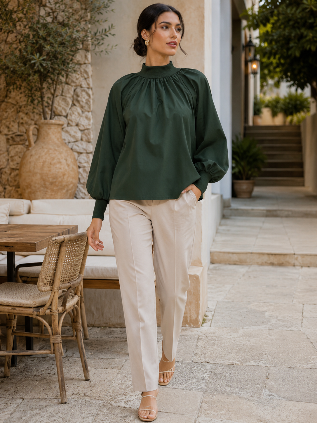 Women Regular Fit Green High Neck Top With Puffed Sleeves