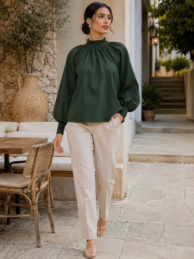 Women Regular Fit Green High Neck Top With Puffed Sleeves