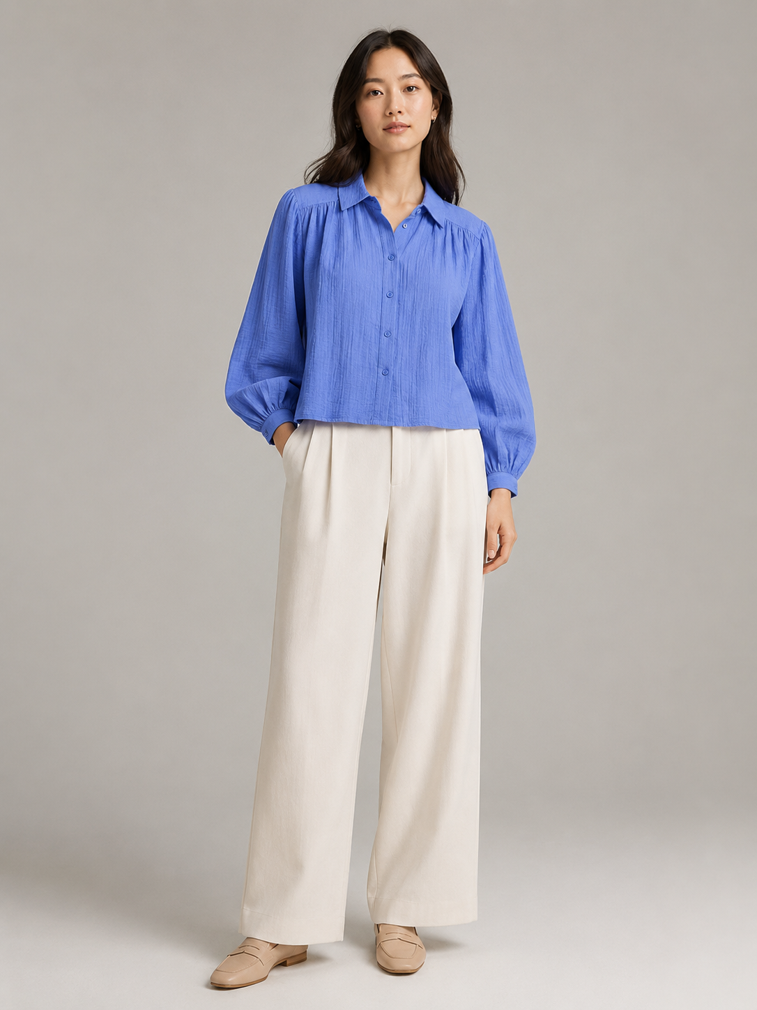 Women Blue Batwing Sleeve Shirt
