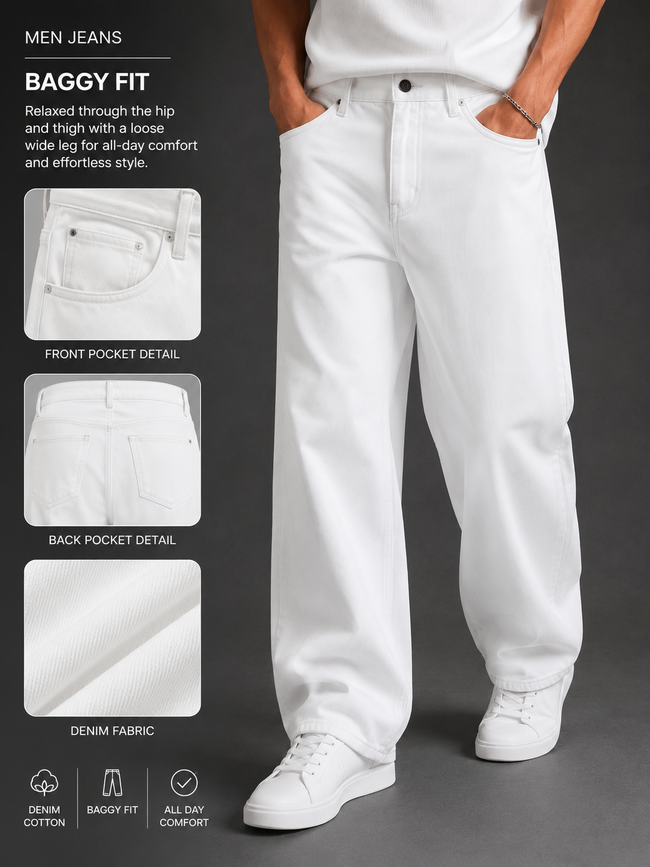Men White Wide Leg Baggy Jeans